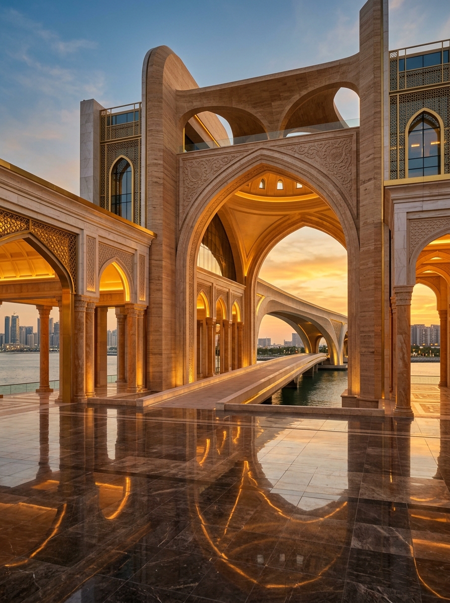 Grand architectural gateway connecting MENA and CIS regions at golden hour